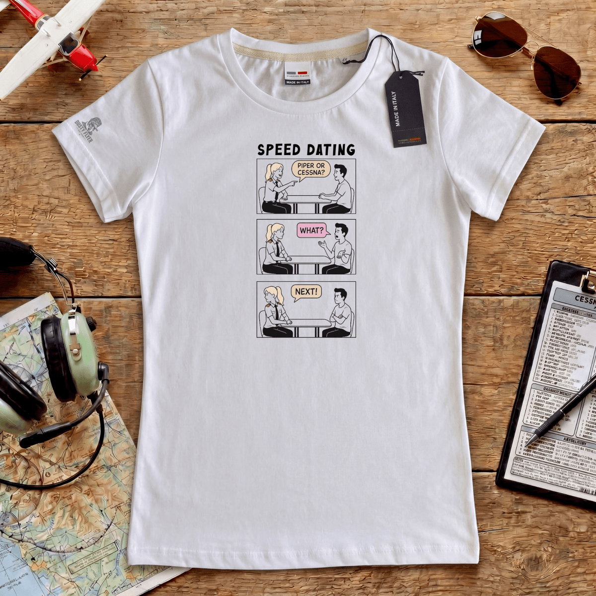 White Piper or Cessna Speed Dating womens T-shirt flat lay