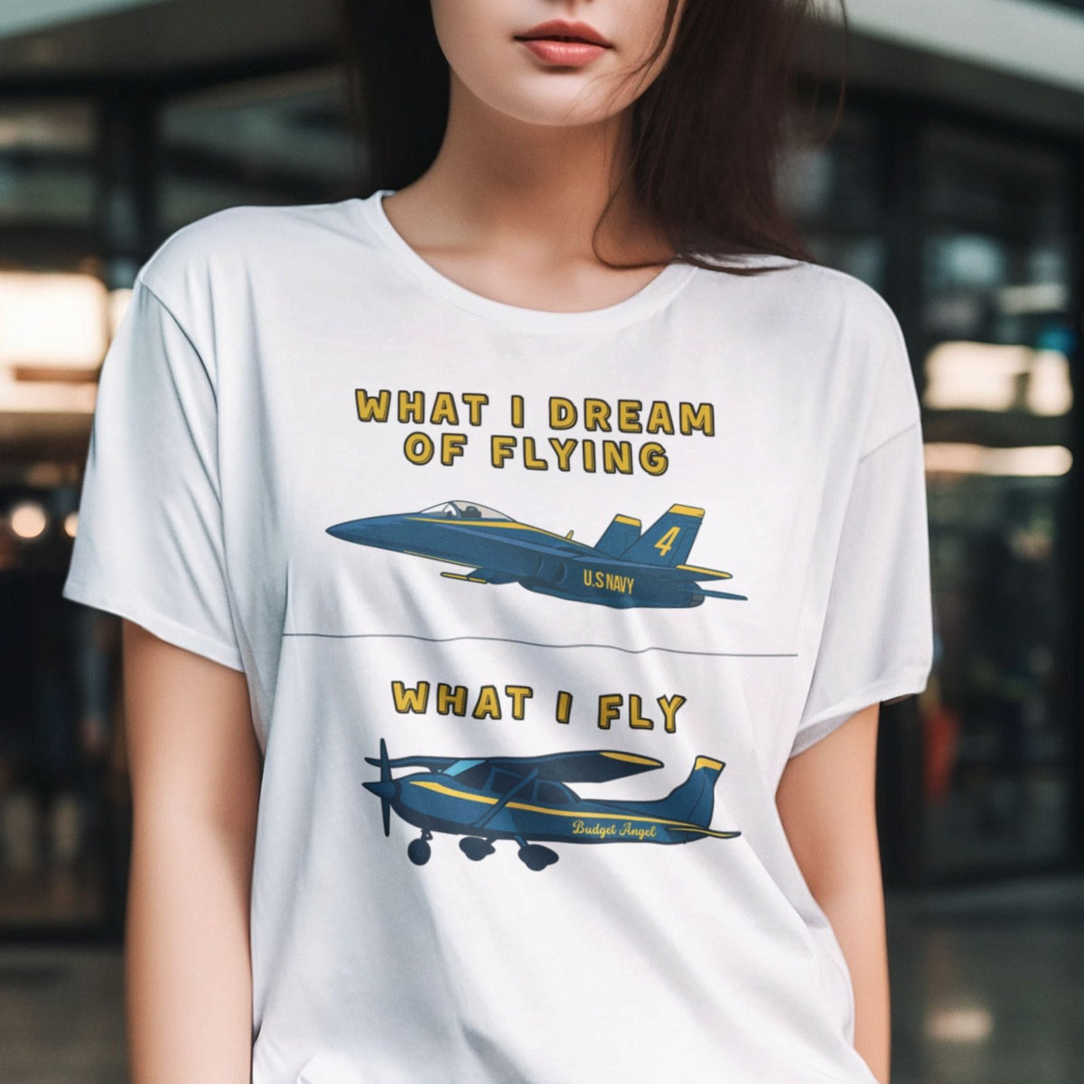 Woman wearing a white Budget Angel pilot T-shirt